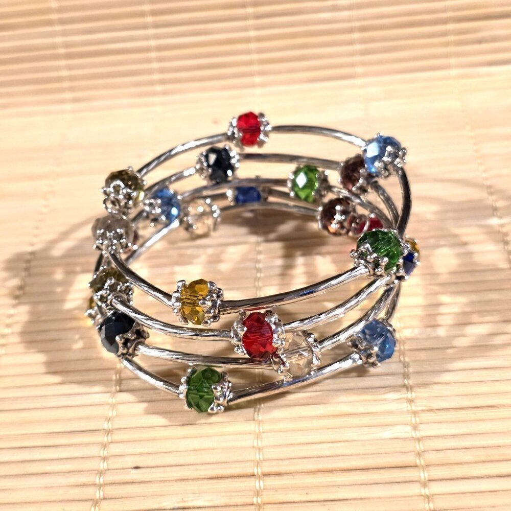 Silver Tone Crystal Wrap Bracelet With Multicolor Faceted Beads Filigree Details